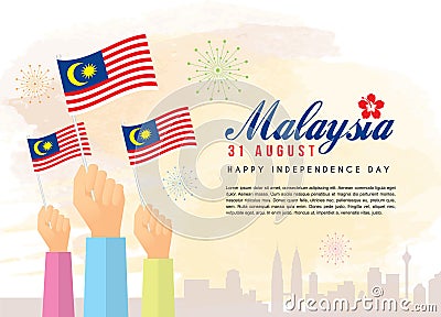 31 August, Malaysia Independence Day - citizen holding Malaysia flags with city skyline Vector Illustration